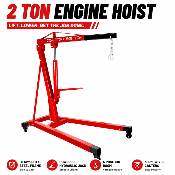 Engine Hoist with 360-Degree Swivel Casters, 2 Ton 4400 lbs, Hydraulic Engine Hoist, Red Heavy-Duty Steel Crane for Garage Shop, Car Lift and Professional Automotive Diagnostics