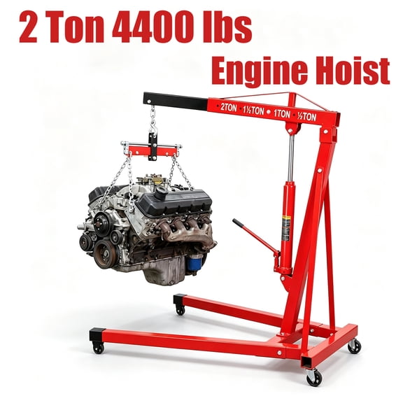 Engine Hoist Cherry Picker 2ton, 4400lbs Hydraulic Shop Crane, Heavy Duty Engine Lift Hoist, with 4‑Position Boom & 4 Swivel Steel Casters for Equipment Hoisting Garage Auto Shop Workshop (Red)