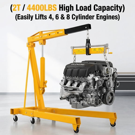 Engine Hoist with Load Leveler, Heavy Duty Alloy Steel Folding Cherry Picker Engine Hoist with 8 Ton Hydraulic Long Ram Jack, Ease of Assembly 2 Ton Engine Hoist for Workshop Warehouse Garage
