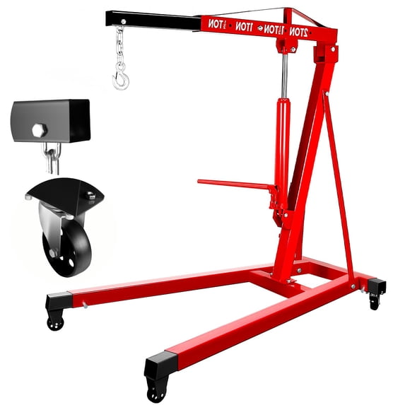 Engine Lift, 2 Ton Hydraulic Engine Hoist, Adjustable 4-Position Boom, Red Shop Crane for Garage Use