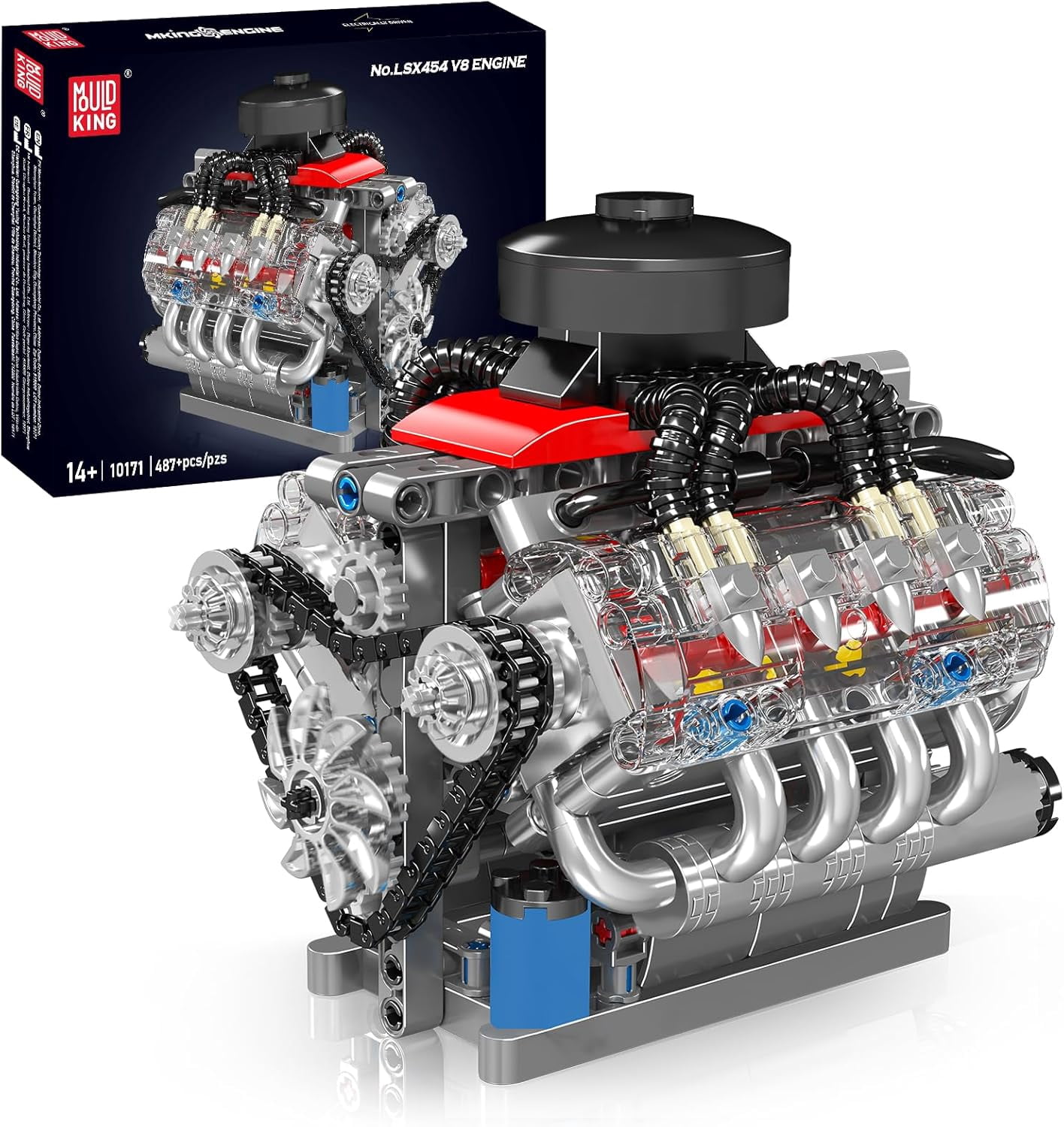 Engine Model Kit That Works, 8 Cylinder Car Engine with Motor, Building Blocks Collectibles for Adults, STEM Build Set (487 Pieces)