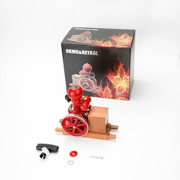 Engine Model that Runs, Ball Top Miniature Water-Cooled Single-Cylinder 4-Stroke Hit and Miss Gasoline Engine Model with Ignition System and Wooden Display Stand, Vintage Decor & Gift for Adults