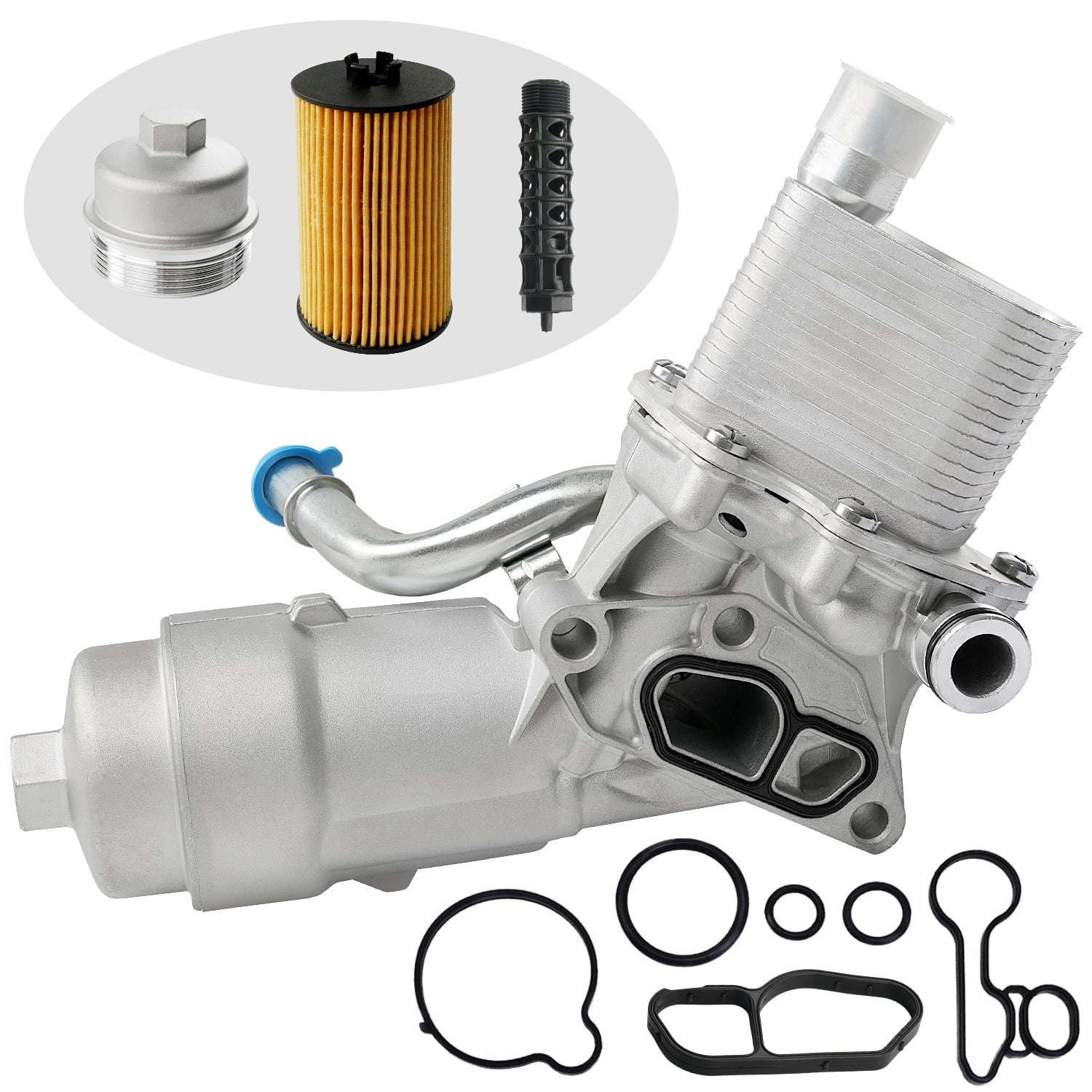 Engine Oil Cooler Filter Housing Assembly Adapter with Gasket, Filter Insert, Aluminum Cap Compatible with 1.4L Turbo 2011-2021 Chevy Cruze Sonic Trax Buick Encore Replace# 918-428 55566784