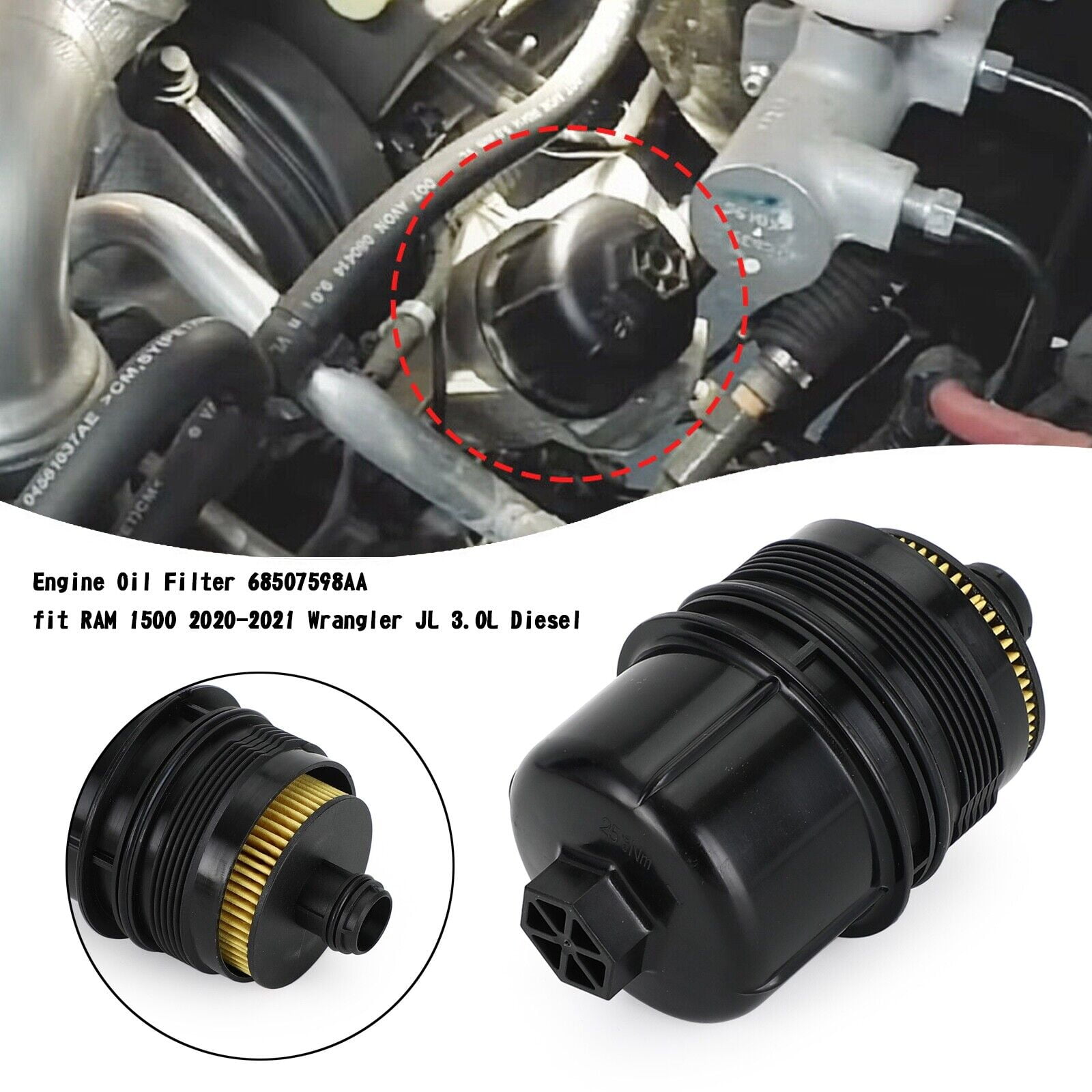 Engine Oil Filter Replacement 68507598AA Fits 2020 Ram 1500, Jeep Wrangler JL 3.0L Diesel