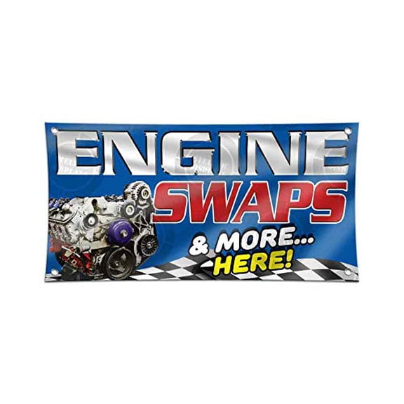 Engine SWAPS & More Here (4' X 8') Banner Open Sign, Display for Auto Mechanic Shops, Car & Truck Fix Repair Service