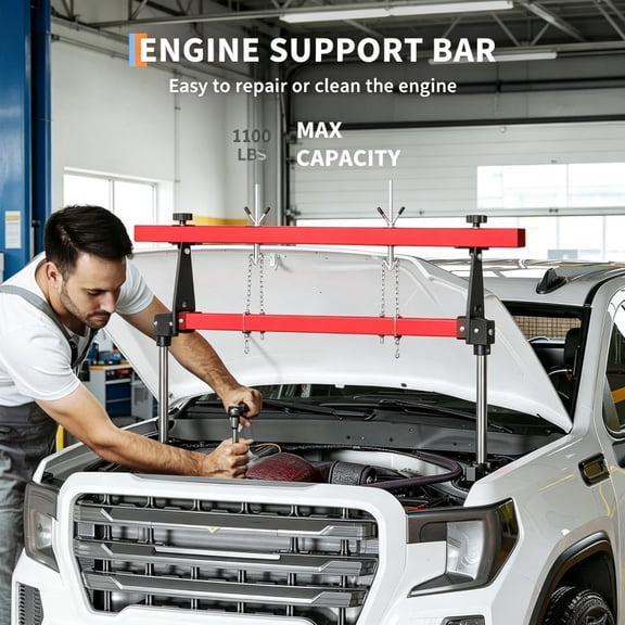 Engine Support Bar 1100 Lbs Capacity Engine Transverse Bar Engine Hoist 2 Point Lift Holder Hoist Dual Hooks, Engine Hoist for Home Garages & Auto Repair Shop, Red