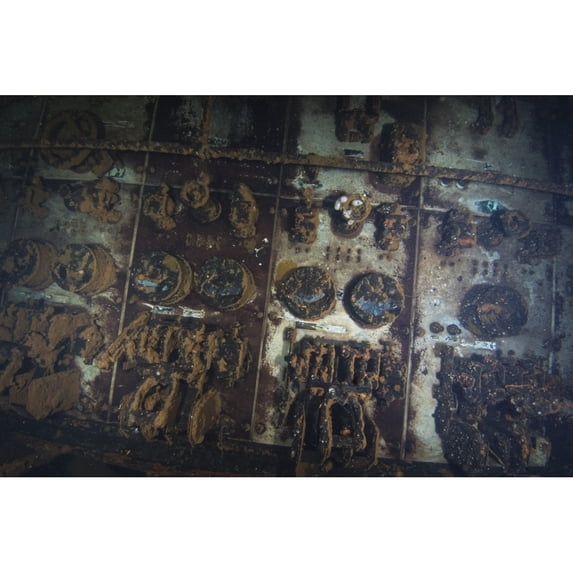 Engine room controls inside the Rio de Janeiro Maru shipwreck Truk Lagoon Micronesia Poster Print by Brandi Mueller/St