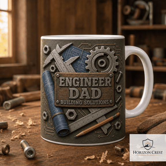 Engineer Dad Mug with Tools Design, Blueprint Coffee Cup Gift for Fathers