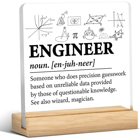 Engineer Gift, Gift for Engineer Men, Engineer Clear Desk Decorative Sign Engineer Definition Acrylic Plaque with Wooden Stand 4x4 Inch Sign Home Office Desk Decor