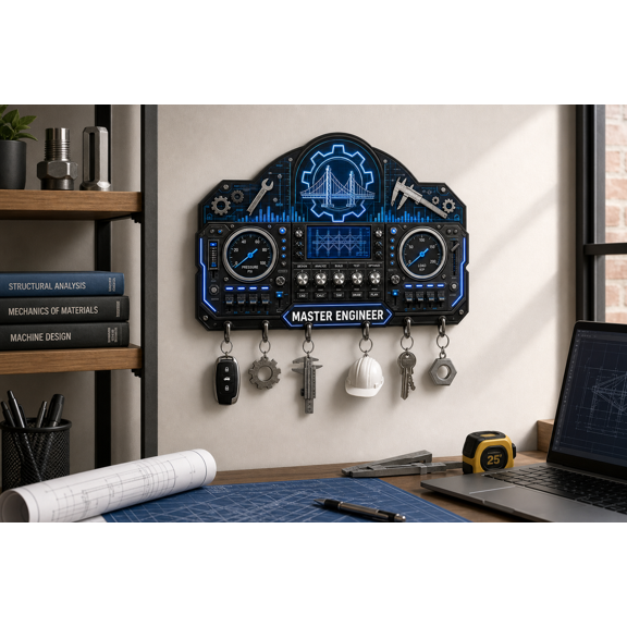 Engineer Gift Wooden Key Hanger, Personalized Key Rack with Blueprint Style Design