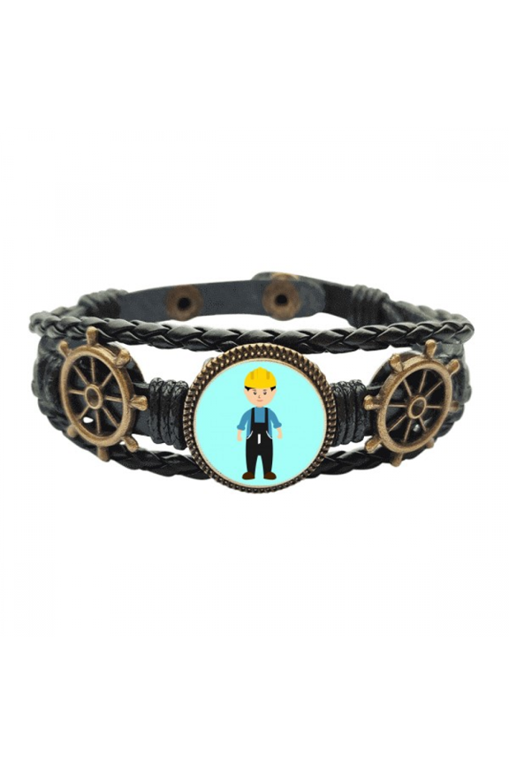 Engineer Labour Force Worker Outline Leather Braided Ocean Bracelet Wristband