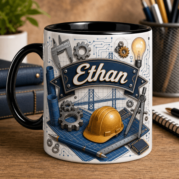 Engineer Mug Personalized Name Coffee Cup, 3D Effect STEM Gift for Engineers