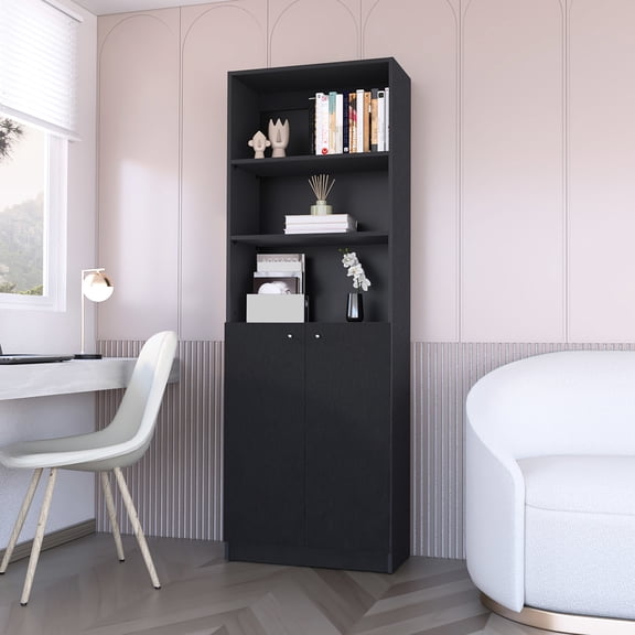 Engineered Wood 2-Door Bookcase in Black with Multi-Level Shelving for Concealed and Open Storage in Living Areas and Quick Installation