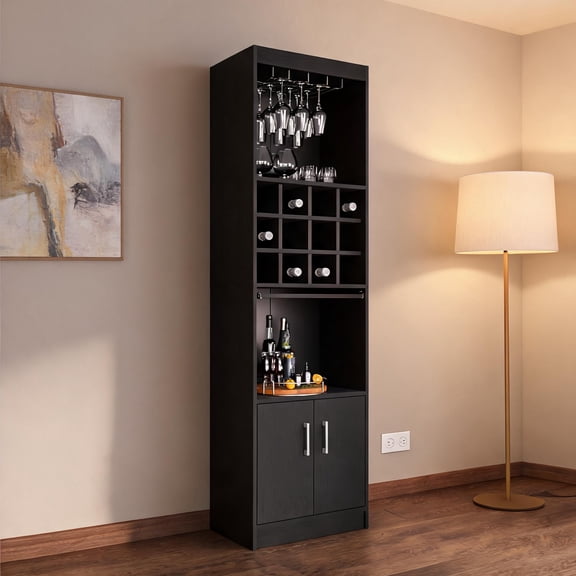 Engineered Wood 71-Inch Tall Bar Cabinet in Sleek Black with Stemware Rack and 12-Bottle Cubbies for the Home Bar