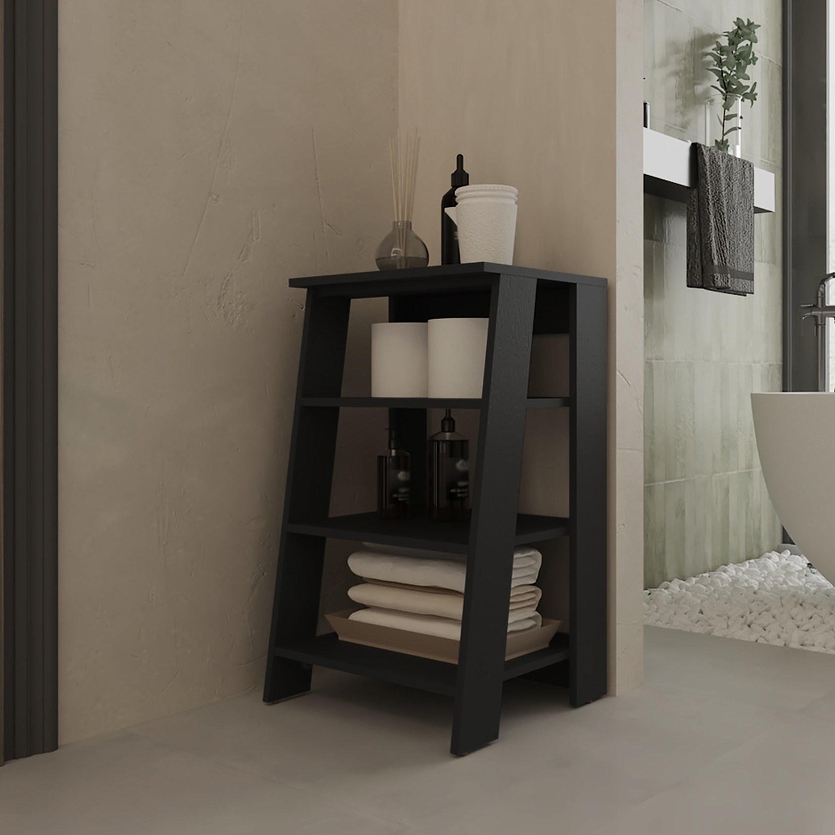 Engineered Wood Bathroom Shelf in Black | Four - Shelf Design for ...