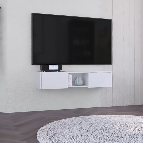 Engineered Wood Floating TV Stand with Side Storage / Central Media Shelf for Clutter-Free Living Area