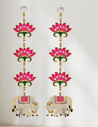 Engineered Wood Rosewood Door Entrance Hanging Mandir Door Decoration with Pink Lotus & Cowcalf Ganpati & Diwali Festival Decor 2 Pieces, 24 Inch, Export Quality