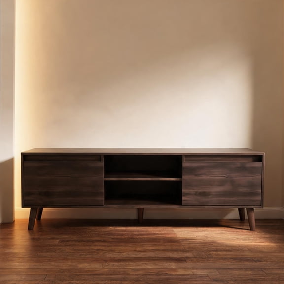 Engineered Wood TV Stand, Compact 70.9-Inch Media Console with Open Shelving and Two Storage Compartments