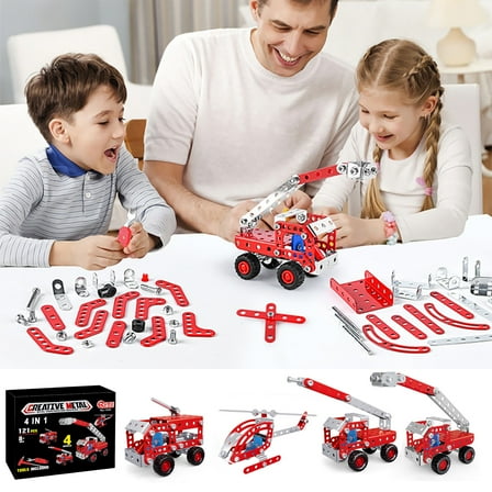 Engineering Building Kit 4-in-1 DIY Assembly Set | Metal Model Vehicle Construction Toys | Creative STEM Erector Set | 121 Pieces | Logic & Motor Skills Development