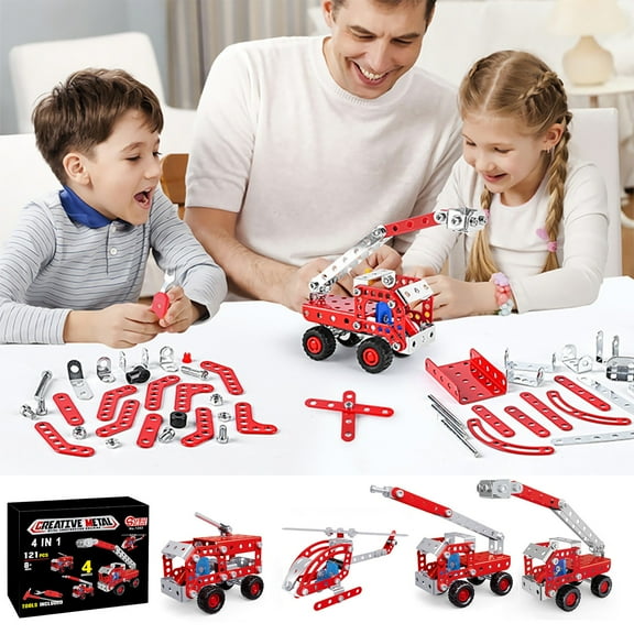 Engineering Building Kit 4-in-1 DIY Assembly Set | Metal Model Vehicle Construction Toys | Creative STEM Erector Set | 121 Pieces | Logic & Motor Skills Development