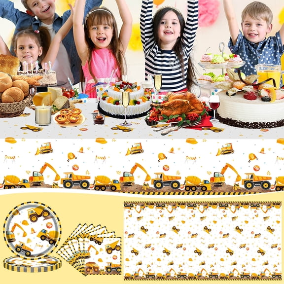 Engineering Car Party Tableware Set Disposable Construction Vehicle Theme Birthday Decor Supplies Plates Cups Napkins Tablecloth for Themed Celebration