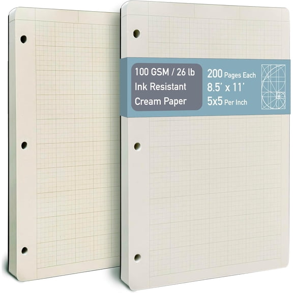 Engineering Pad 2 Pack, 8.5 x 11, 100 GSM Paper, No Bleed-Through, 5x5 Quad Ruled Graph Paper, Double-Sided with Standard Header, 3 Hole Punched, Cream Paper, Rounded Corners, 200 Pages Each