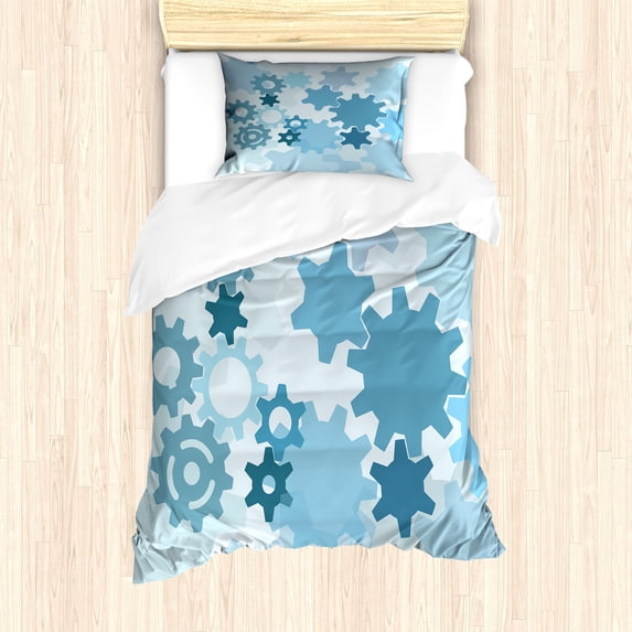 Engineering Theme Duvet Cover Set, Machine Tech Industry Related Abstract Repeated Mechanic Gears Graphic, Decorative 2 Piece Bedding Set with 1 Pillow Shams, Twin Size, Pale Blue, by Ambesonne