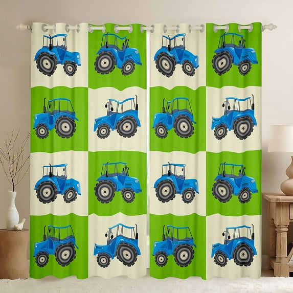 Engineering Vehicle Curtains, Construction Car Blackout Curtains Cartoon Tractor Curtains & Drapes, Watercolor Geometric Lattice Window Curtains, Blue Green