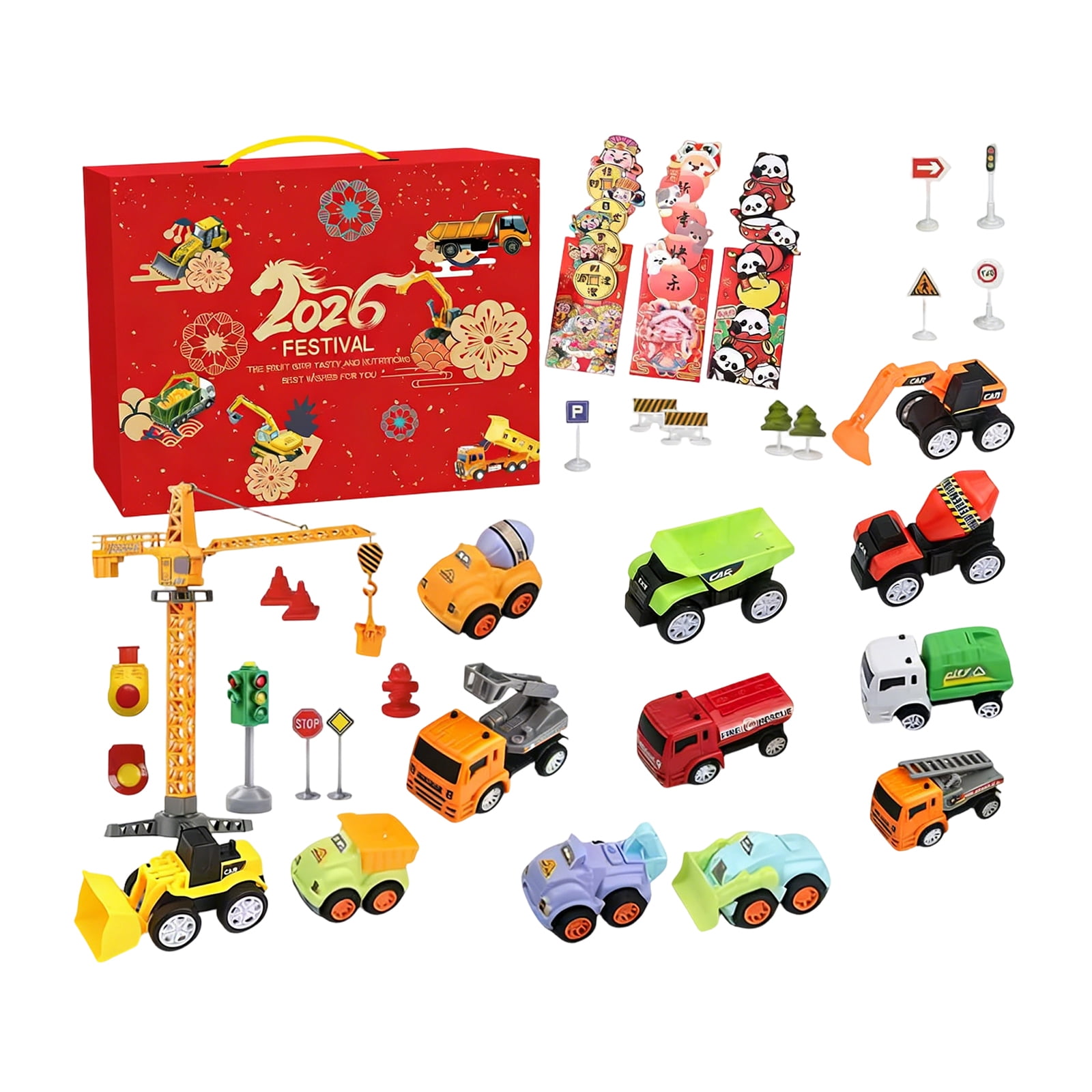 Engineering Vehicle Toy Blind Box - 17 - Grid Surprise Box with 4 Red Packets & 13 Toys, Red Aircraft - Shaped Gift Box, Boys, Girls for Christmas, Birthday, Party Favors