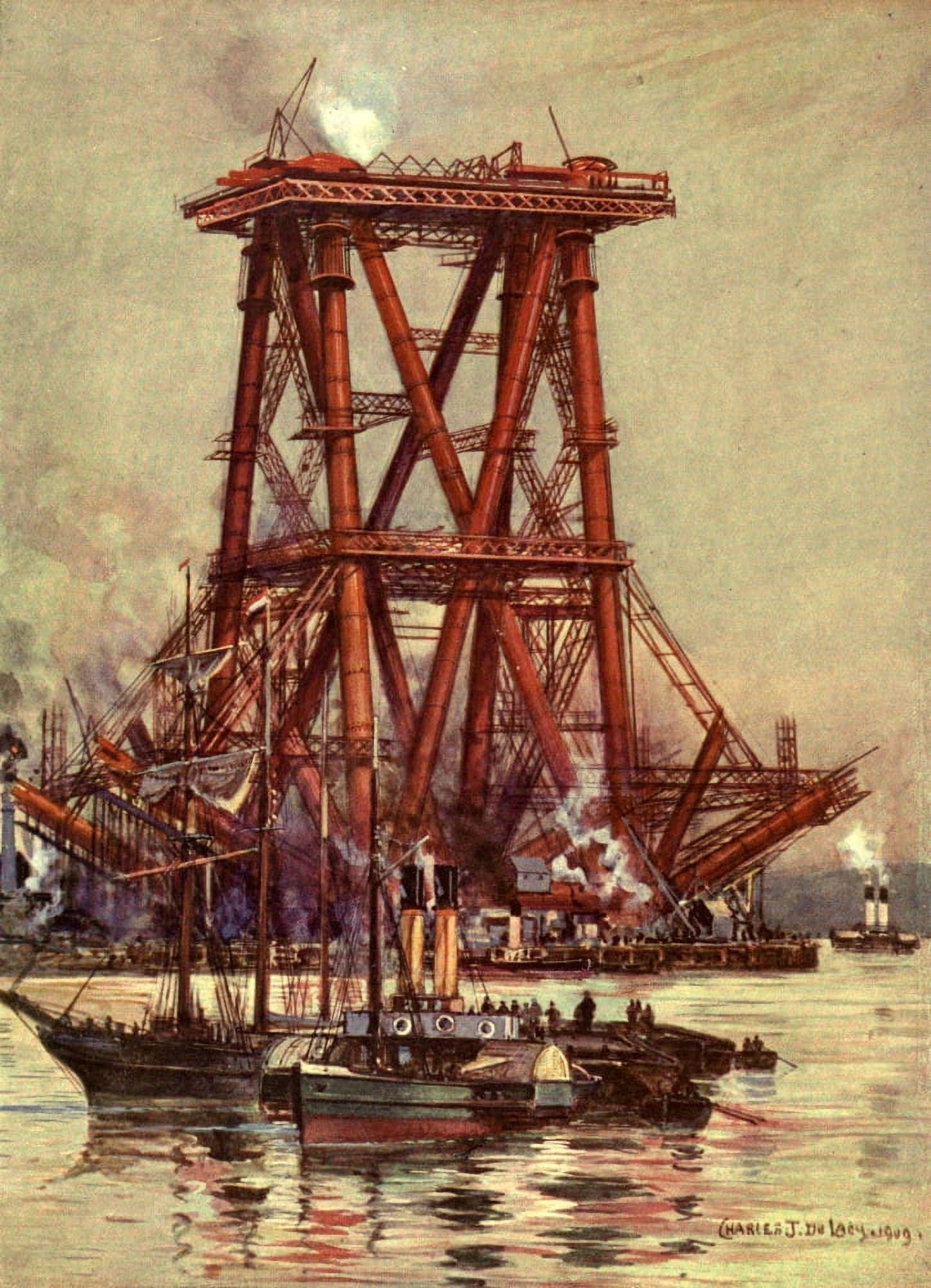 Engineering Wonders 1909 Building Forth Bridge Canvas Art - Charles J de Lacy (18 x 24)