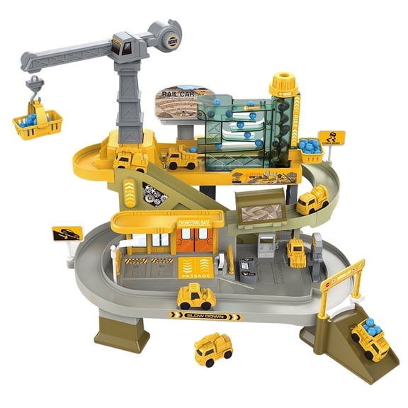 A Engineering truck obstacle course toy for boys ages 3–6, featuring a Engineering-themed track set with 4 mini die-cast cars, complete with music and a motorized climbing feature—the perfect gift.
