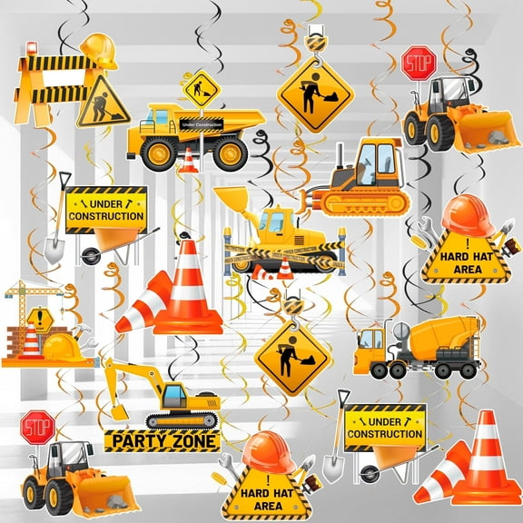 Construction Hanging Swirl Decorations, 32 Pcs Construction Birthday Hanging Swirl, Construction Party Swirls & Construction Themed Hanging Swirls for Construction Birthday Party Supplies