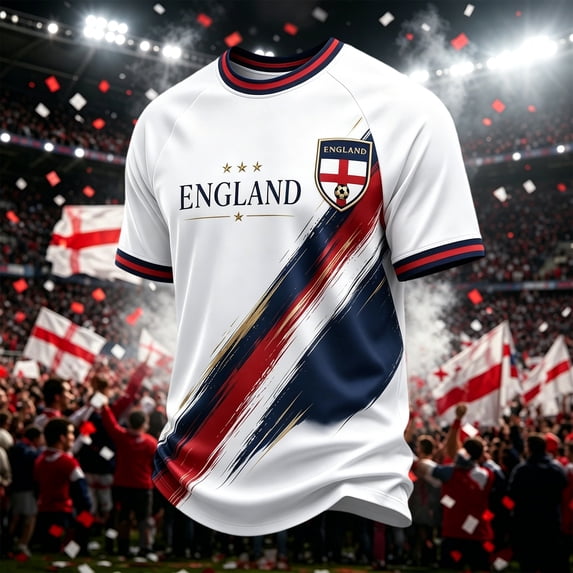 England 2026 Soccer Cup Fan Jersey for Men, Crewneck Short Sleeve T-Shirt with Red & White Shield Graphic, Lightweight Breathable Athletic Top, 1 PC Deep Red XXXL