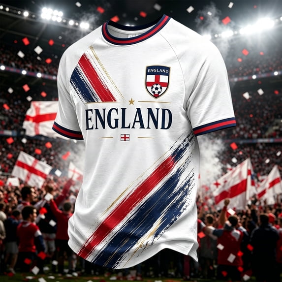 England 2026 Soccer Cup Fan Jersey for Men, Crewneck Short Sleeve T-Shirt with Red & White Shield Graphic, Lightweight Breathable Athletic Top, 1 PC Royal Blue M