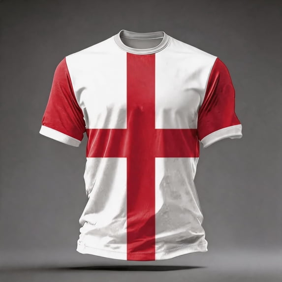 England 2026 Soccer Cup Fan Jersey for Men, Short Sleeve Crew Neck Shirt with Red & White Cross Pattern, Breathable Athletic Top, 1 PC Beige L