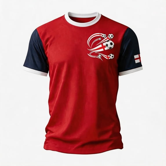 England 2026 Soccer Cup Fan Jersey for Men, Short Sleeve Crew Neck Shirt with Red & White Cross Pattern, Breathable Athletic Top, 1 PC Wine S