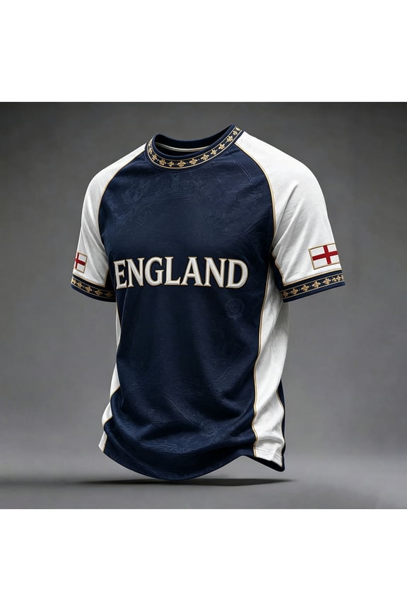 England 2026 Soccer Cup Lion Graphic Tee for Men, Short Sleeve Crew Neck Shirt with Red-Blue Brushstroke & Shield Print, Breathable Retro Fan Top, Lightweight Casual Jersey, 1 PC Royal Blue L
