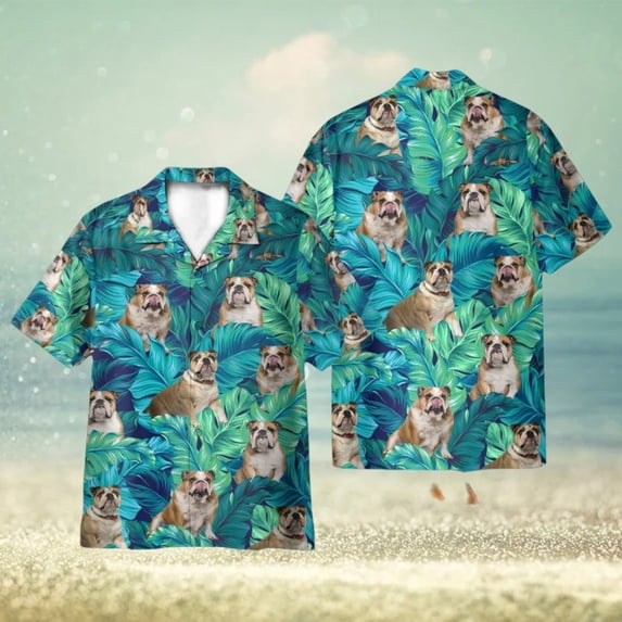 England Bulldog Tropical Leaves Pattern 3D Hawaiian Shirt Holiday Gift ...
