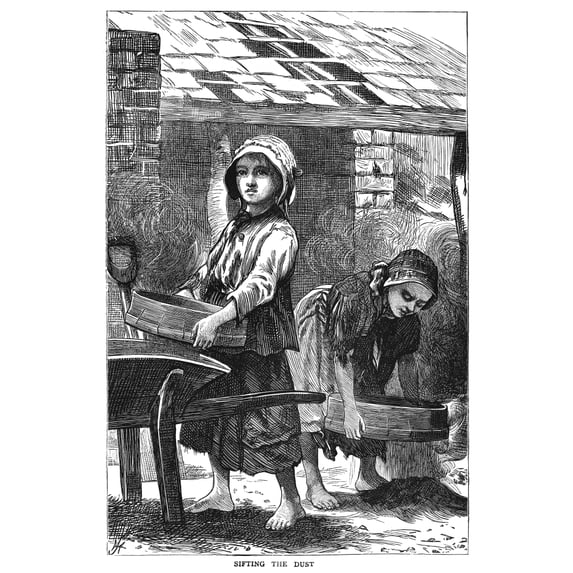 England Child Labor 1871. N'Sifting The Dust.' Two Young Girls Working At A Brickyard In England. Wood Engraving