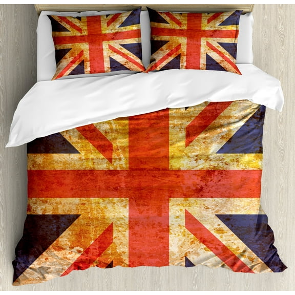 England Duvet Cover Set, Grunge Union Jack Design National United Kingdom Country Flag Image, Decorative 3 Piece Bedding Set with 2 Pillow Shams, Calking Size, Night Blue Vermilion, by Ambesonne