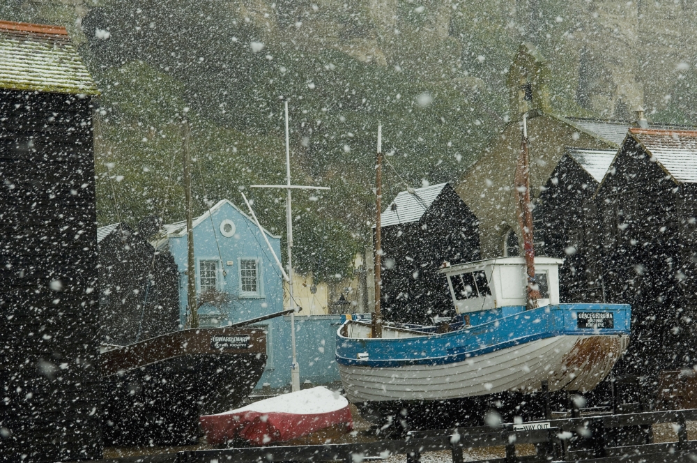 England East Sussex Fishing boats covered with snow in old town Hastings Canvas Art - Chris Parker Design Pics (38 x 24)