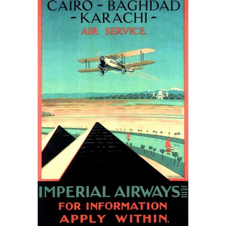 England Imperial Airways Cairo Baghdad Karachi Air Service Egyptian Pyramids Biplane Airplane Vintage Illustration Travel Cool Wall Art Print Poster 16x24