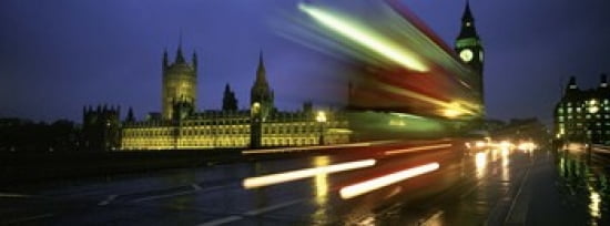 England London Houses of Parliament Traffic moving in the night Canvas Art - Panoramic Images (30 x 12)