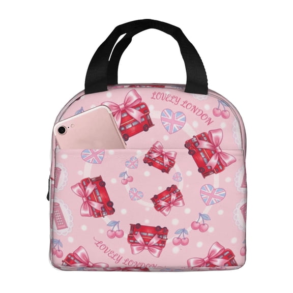 England London Lunch Bag Landmark Symbols Lettering Pattern Reusable Lunch Tote Bag With Front Pocket Zipper Closure Insulated Thermal Cooler Container Bag For Work Picnic Travel Beach Fishing