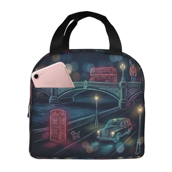 England London Lunch Bag Landmark Symbols Lettering Pattern Reusable Lunch Tote Bag With Front Pocket Zipper Closure Insulated Thermal Cooler Container Bag For Work Picnic Travel Beach Fishing