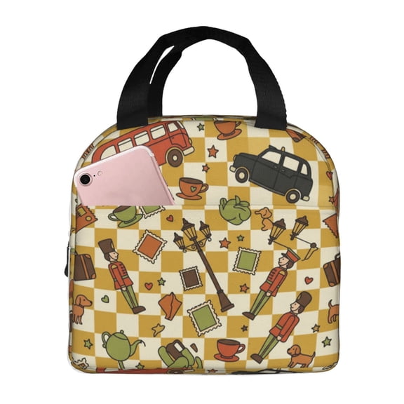 England London Lunch Bag Landmark Symbols Lettering Pattern Reusable Lunch Tote Bag With Front Pocket Zipper Closure Insulated Thermal Cooler Container Bag For Work Picnic Travel Beach Fishing