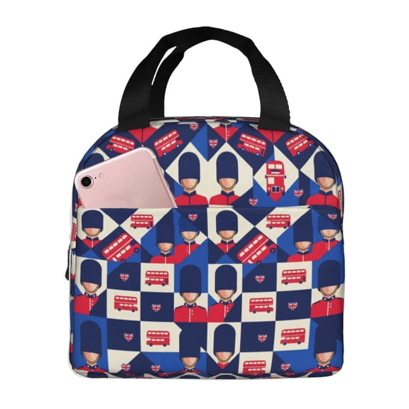 England London Lunch Bag Landmark Symbols Lettering Pattern Reusable Lunch Tote Bag With Front Pocket Zipper Closure Insulated Thermal Cooler Container Bag For Work Picnic Travel Beach Fishing