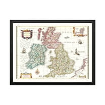 England Map, 1665 Vintage Map of England History Wall Decor Gift, Old England Map - 24" x 18" Black Framed Print