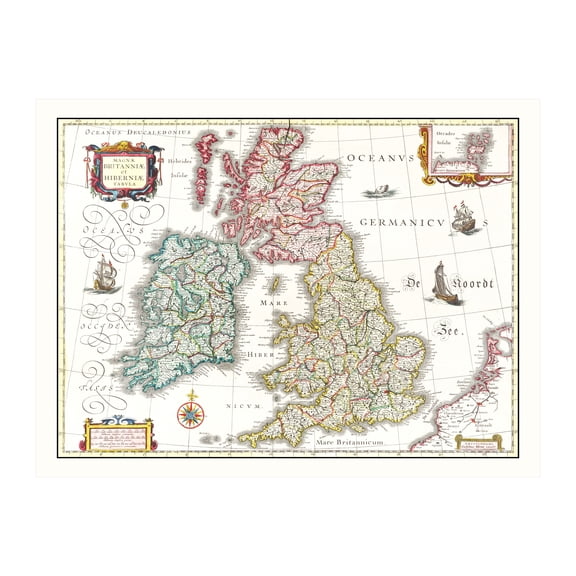 England Map, 1665 Vintage Map of England History Wall Decor Gift, Old England Map - 24" x 18" Unframed Print