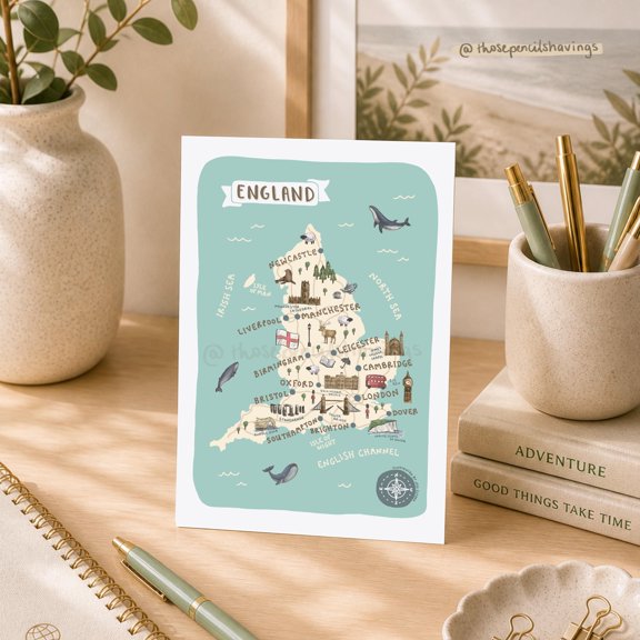 England Map Postcard: Illustrated UK Travel Souvenir , Poster Print Only